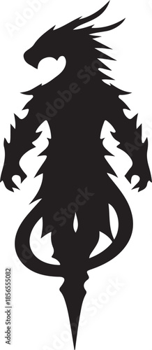 A fierce, stylized black silhouette of a bipedal dragon warrior with sharp features, claws, and a spiky tail, isolated on white.