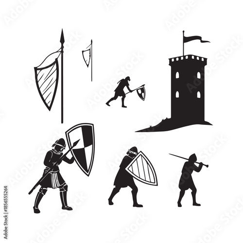 Medieval warriors with shields and swords near castle