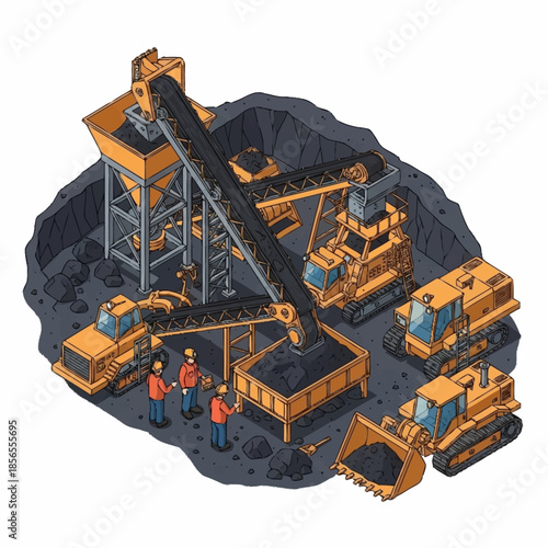 Isometric illustration of a coal mining operation with heavy machinery and workers.