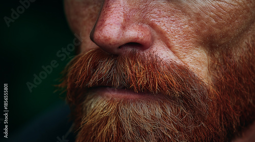 Macro portrait of red mustache and beard with detailed skin texture, natural light and dark blurred background.
