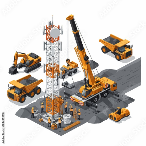 Isometric illustration of a construction site with a cellular tower being built by heavy machinery and workers.