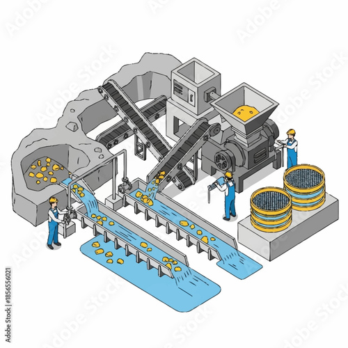 Isometric illustration of a gold mining and processing plant with workers.