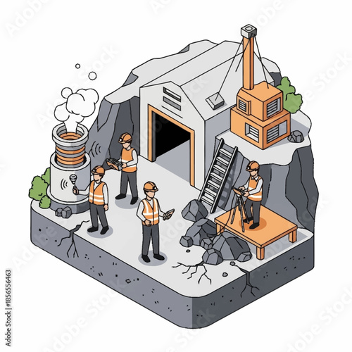 Isometric illustration of a mining operation with workers and machinery.