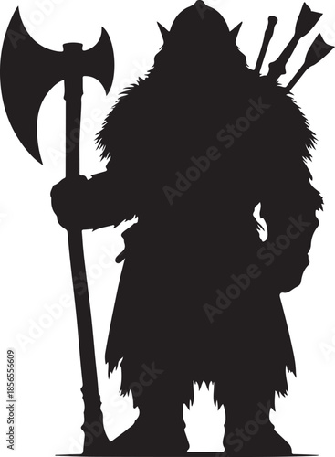 A formidable silhouette of a dwarf warrior, heavily armored and clutching a double-bladed axe, with a helmet and arrows.