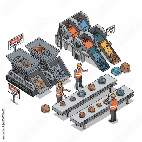 Isometric illustration of a mining operation with workers sorting minerals on conveyor belts.