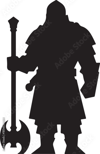 Black silhouette of a stout dwarf warrior in armor, holding a large double-bladed axe, on a white background.