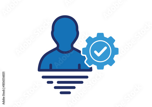 A blue icon representing a person connected to settings with a check mark inside high-quality professional