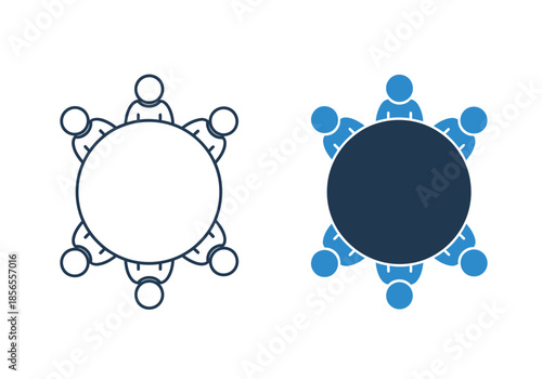 Two circular arrangements of people seated around tables are visually represented in a minimalist style