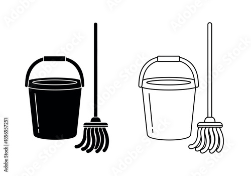 A simple black and white illustration of two buckets and their accompanying brooms displayed side