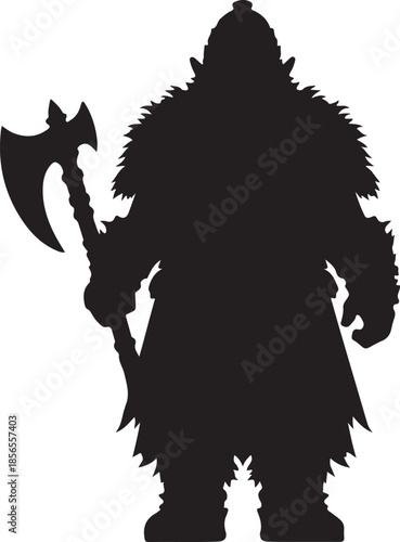 A fierce dwarf warrior in a bold black silhouette, holding a large axe, ready for battle in a fantasy setting.