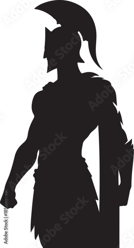 Black silhouette of a powerful Greek warrior in a Corinthian helmet, holding a shield, embodying ancient strength and heroism.