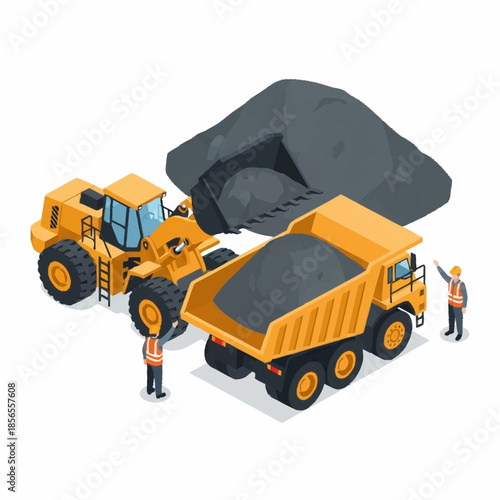 Isometric mining operation with heavy machinery and workers.