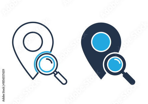Two variations of a location pin icon with a magnifying glass inspecting it closely high-quality