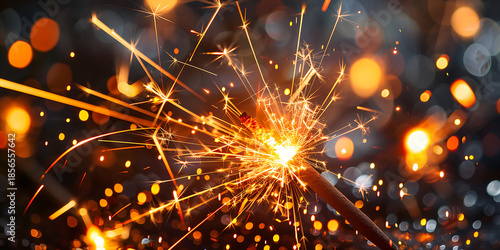 Festive Sparkler with Golden Sparks on Black Background