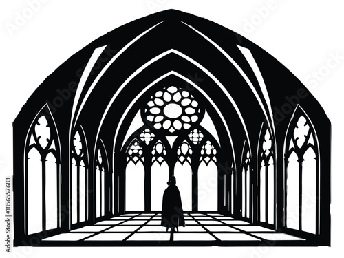Medieval Church Architecture Interior Silhouette with Stained Glass
