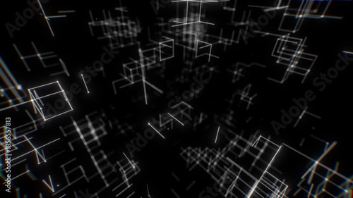 Exploding Abstract White Wireframe Cubes in Digital Depth. Looped 3D rendering