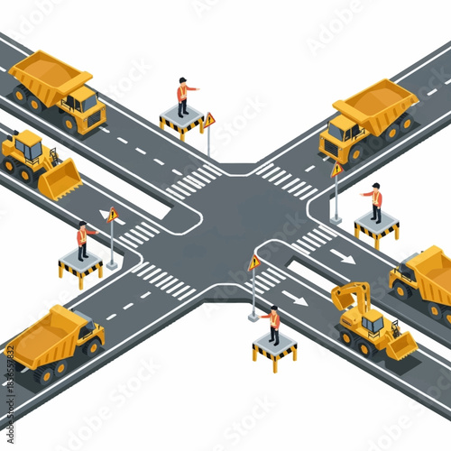 Isometric Road Intersection with Construction Vehicles and Workers.