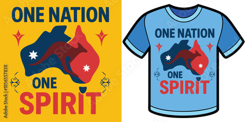 One Nation One Spirit Graphic, Kangaroo Over Australia Map, Patriotic Emblem, Red Blue Theme, Stars, Unity Message, Shirt Design