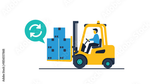 A yellow forklift truck carrying stacked blue boxes with a recycle symbol