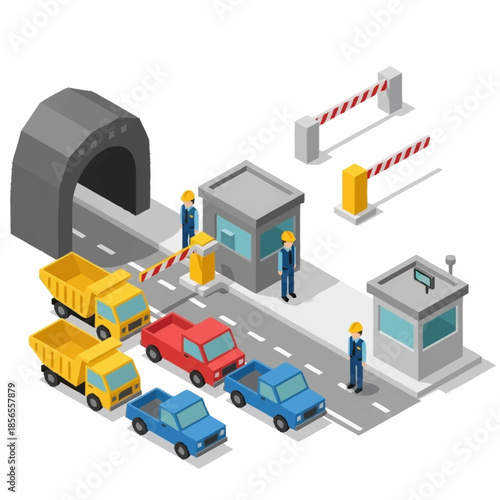 Isometric Toll Booth and Tunnel Entrance with Vehicles and Workers.