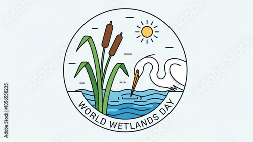 World wetlands day logo with cattails, sun, and swan in a circular design, symbolizing conservation and ecosystem