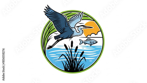 A large blue heron flying over a serene lake with a fish swimming in the water and cattails in the foreground at sunset