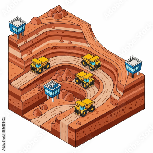 Isometric View of an Open Pit Mine with Haul Trucks and Infrastructure.