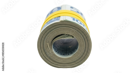 Isolated roll of hundred-dollar bills secured with a yellow band, stack of United States currency