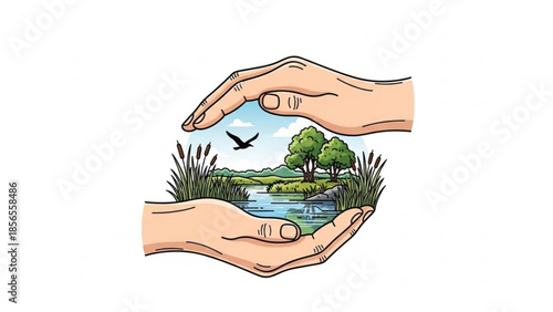 Hands cradling a serene natural landscape with a lake, trees, and a flying bird, symbolizing care and protection of the environment and ecosystem