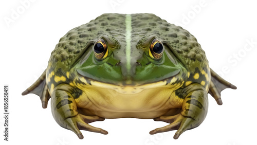 Konstfotografi Isolated American bullfrog, huge aquatic amphibian in green and yellow against n