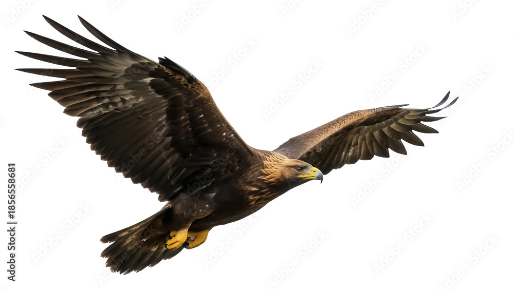 Obraz premium Isolated Golden Eagle soars through the air with wings spread, majestic predator, raptor in flight