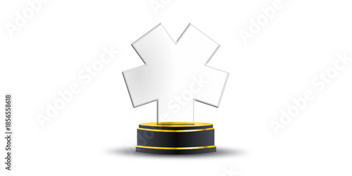 Abstract glass puzzle trophy award on black gold pedestal for corporate achievement recognition and professional branding design