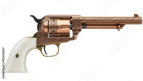 Obraz na plátně Isolated vintage engraved western six-shooter revolver on display, ivory handle,