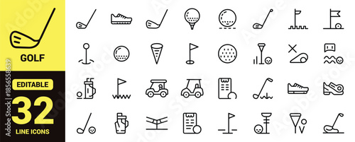 Professional Golf Equipment and Sports Line Icon Set with Golf Club, Ball, Tee, Flag, Cart, Course Map, and Athletic Shoe Vector Symbols