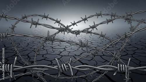 Barbed wire on cracked dry earth with a dark ominous sky and sunlight peeking through the wires creating a sense of desolation and confinement