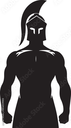 A striking black silhouette of a formidable Greek warrior, featuring a full-body depiction with a classic Spartan helmet and a prominent crest.