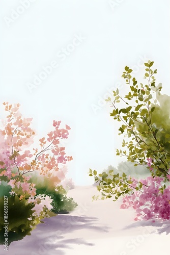 minimalist vector illustration of spring garden in Croatia, blooming shrubs and flowers, sunlight filtering through branches, gentle shadows, large empty sky area, watercolor vector texture