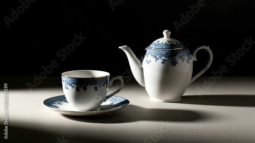 Elegant porcelain tea set with soft lighting display