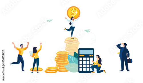 Financial presentation. Girl with dollar penny on stack of gold coins. Calculations on calculator of business income. People, wealth, Workers, businessman discuss finances. Vector illustrations