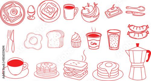 Collection of delicious breakfast food and drink icons drawn in a simple red and white doodle line art style.