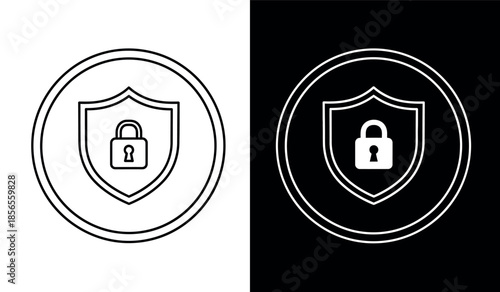 A detailed depiction of a shield with a padlock presented in both outline and solid