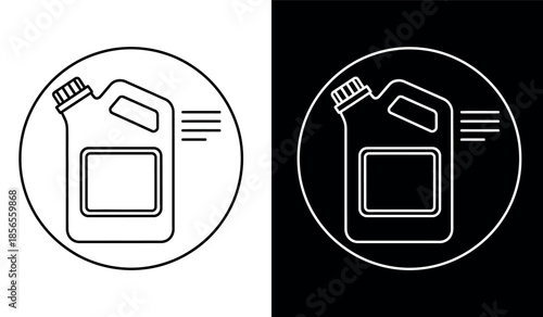 A simple black and white illustration depicting a fuel can within a circular frame design