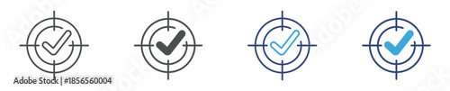 Target Checkmark Icon Set, Confirmed Goal and Accurate Validation Symbols Collection, Vector Illustration