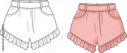 Fashion vector illustration showing scalloped hem women's shorts, technical flat sketch and colored pastel pink rendering, garment design, sewing detail, apparel template