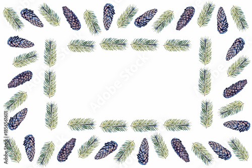 border. Winter Christmas nature ornament. Fir cones and tree branches. Frame. Winter Christmas nature ornament. Fir cones and tree branches. Frame.