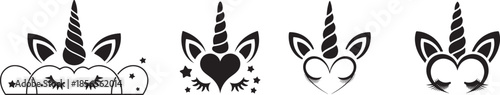 Unicorn head silhouette collection with horn ears and eyelashes cute magical creature icons for kids
