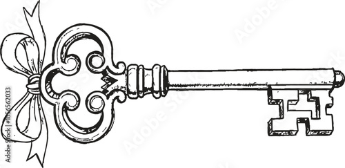 Vintage key with ornate bow illustration