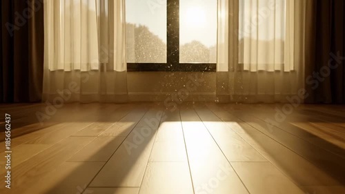 Warm sunlight streams through a large window, casting soft shadows across a clean wooden floor.