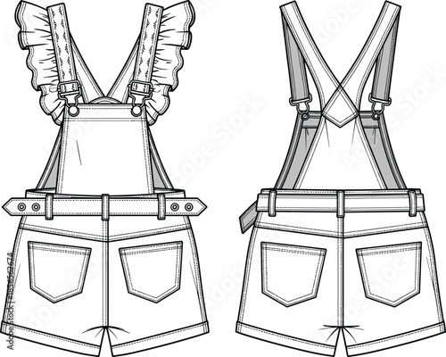 Short overalls fashion technical sketch, front and back view, ruffle straps, belt loops, pockets, garment construction, CAD drawing, vector illustration