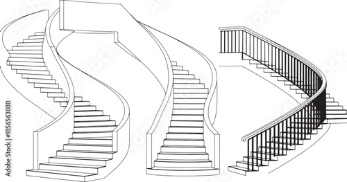 Three black and white line drawing staircases spiral and curved designs stairs spiral staircase